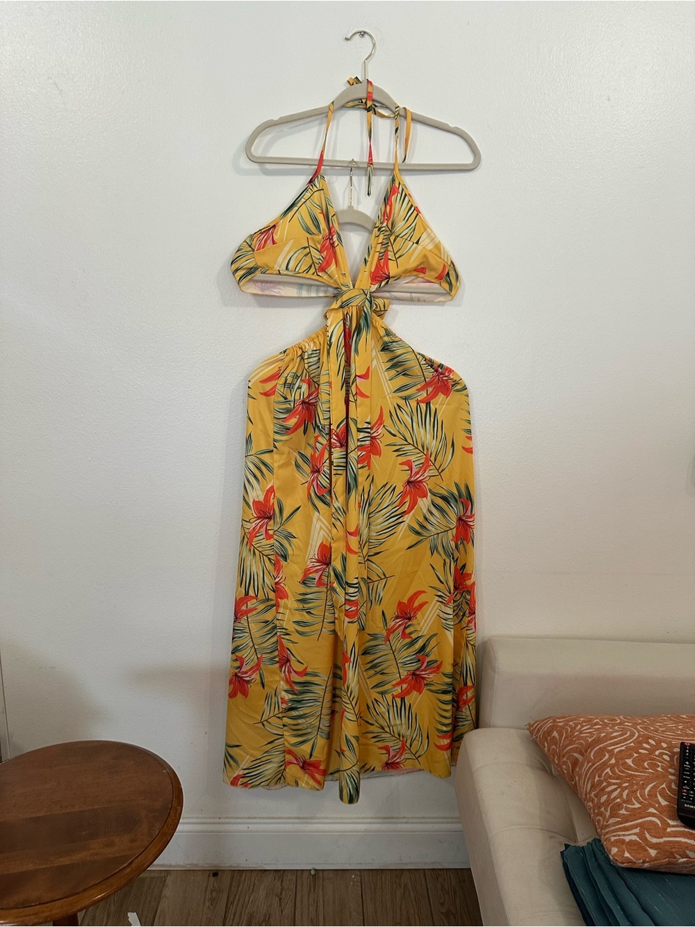 SHEIN Pastel Yellow and Coral Floral Halter Maxi